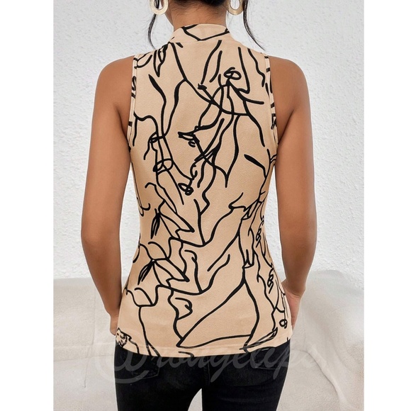 Abstract Face Print Tan Sleeveless Top Slim Fit High Neck - Picture 5 of 9